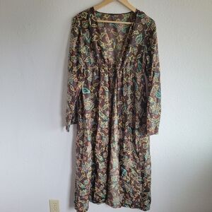 Moda International Long Floral 100% Silk Brown Duster Tie Swim Coverup Size M
